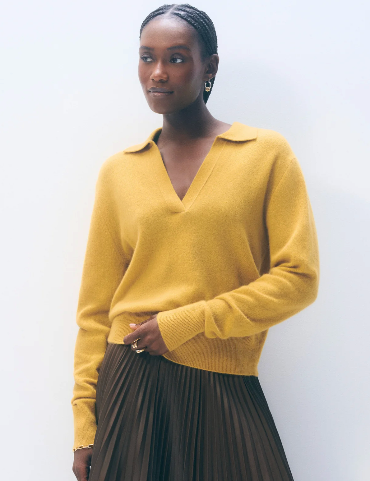 White + Warren Cashmere Long-Sleeved Polo in Chartreuse Yellow size L