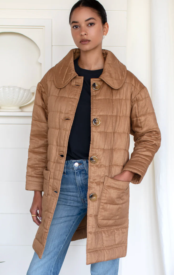 Emerson Fry Long Quilted Jacket in Camel Linen size S