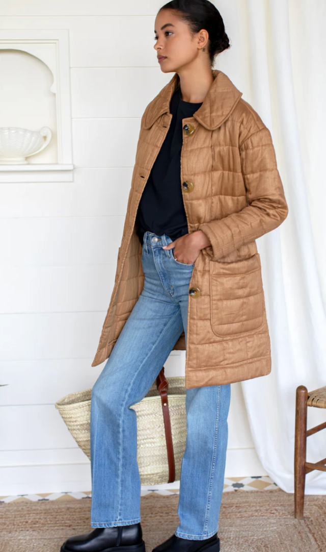 Emerson Fry Long Quilted Jacket in Camel Linen size S