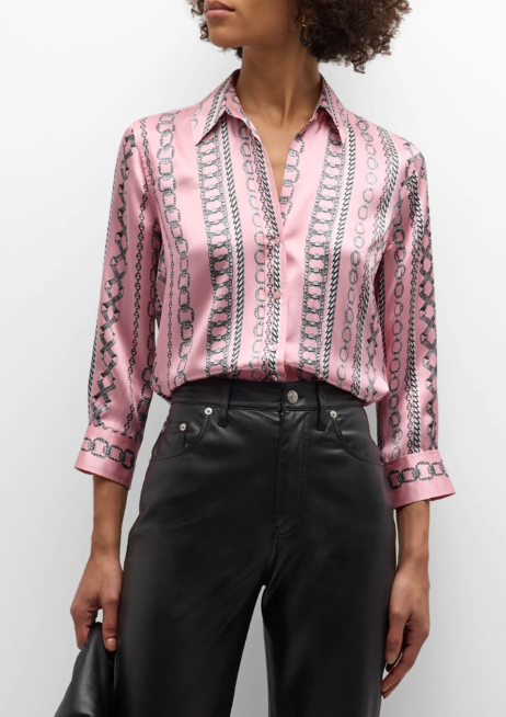L'Agence Dani Chain-Print Button-Front Silk Blouse size S