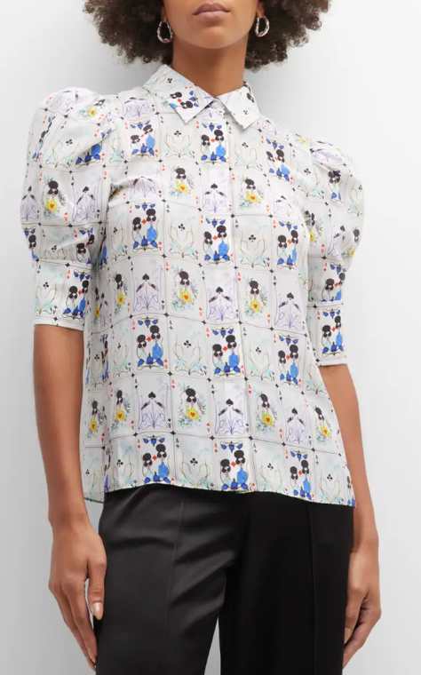 Alice and Olivia Willa Printed Silk Puff Sleeve Top size S