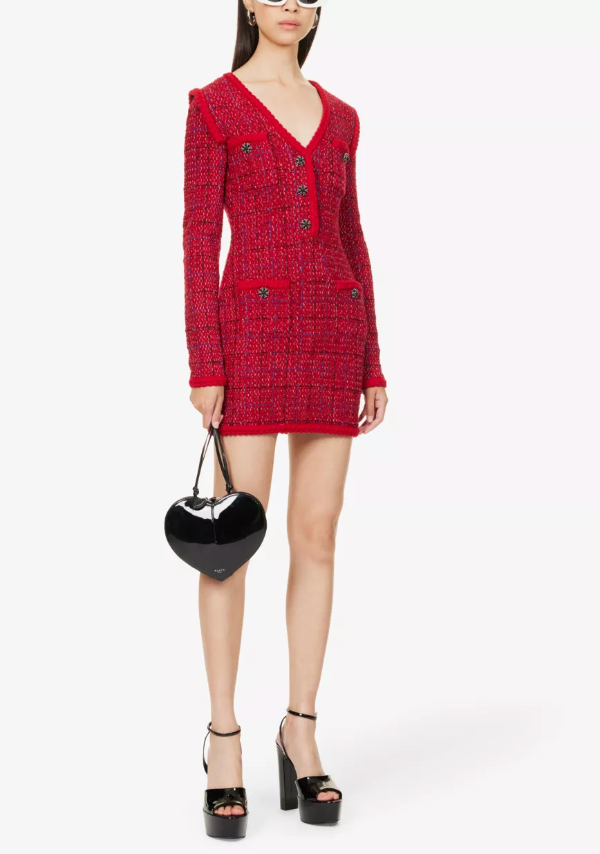 Self Portrait Checked Knitted Mini Dress In Cherry Red size S
