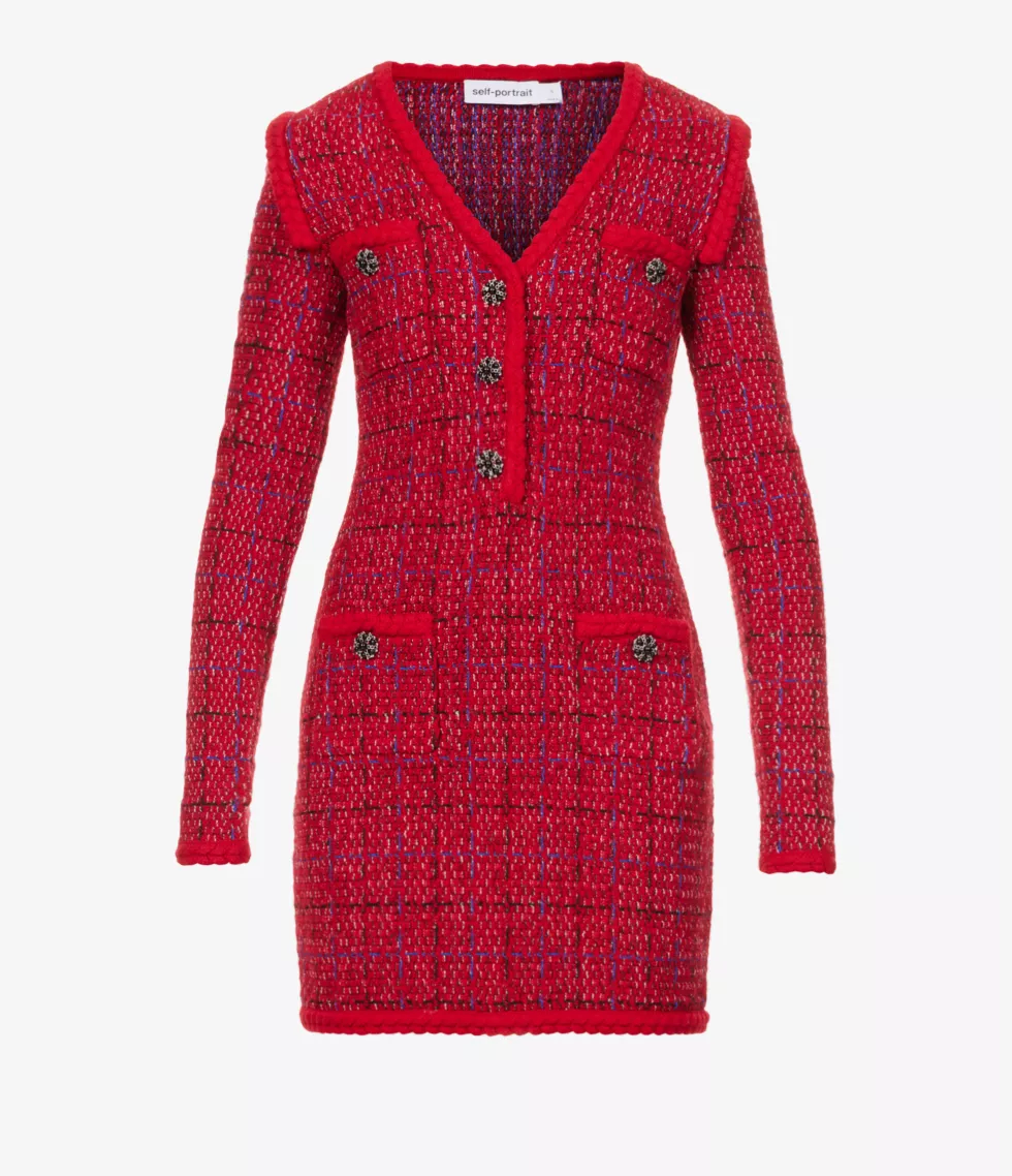 Self Portrait Checked Knitted Mini Dress In Cherry Red size S