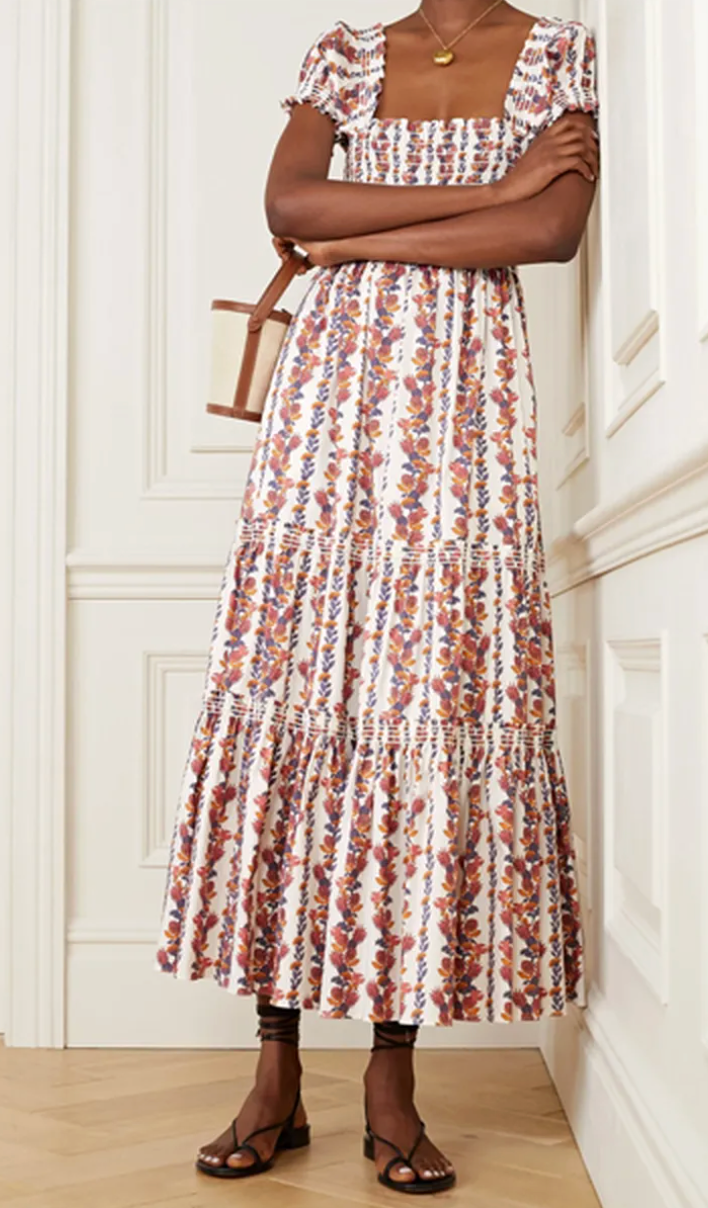Tory Burch Smocked Floral-Print Midi Dress size S