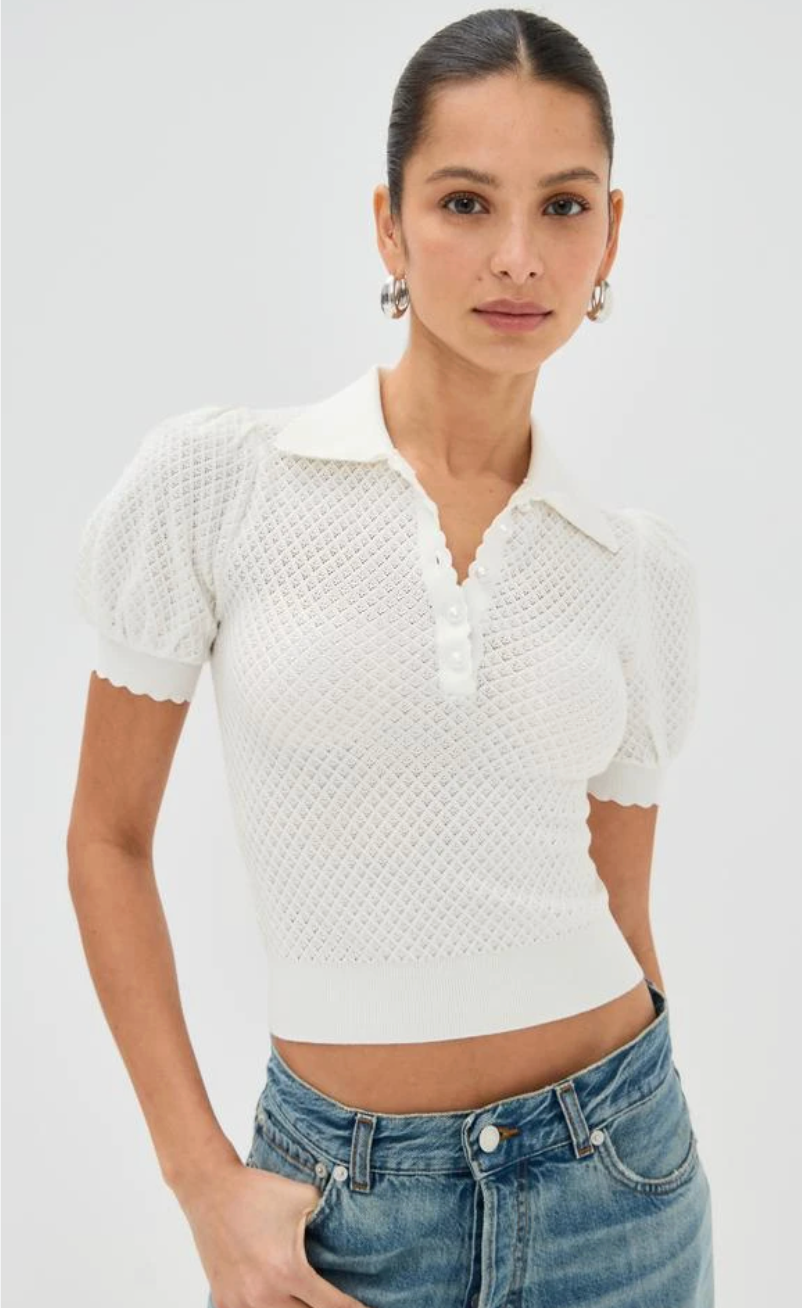 Alice and Olivia Ramona Pointelle Knit Polo Shirt size S