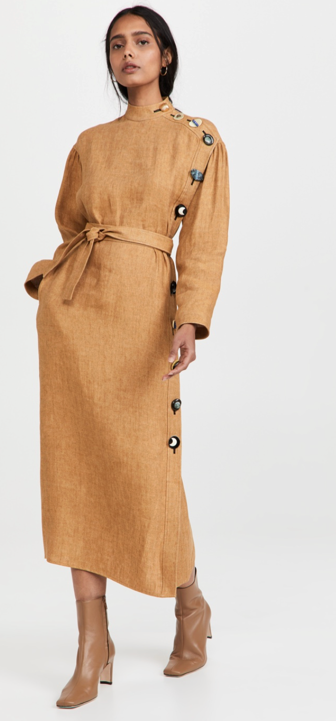 Tory Burch Belted Button-embellished Linen Midi Dress In Neutral size 14