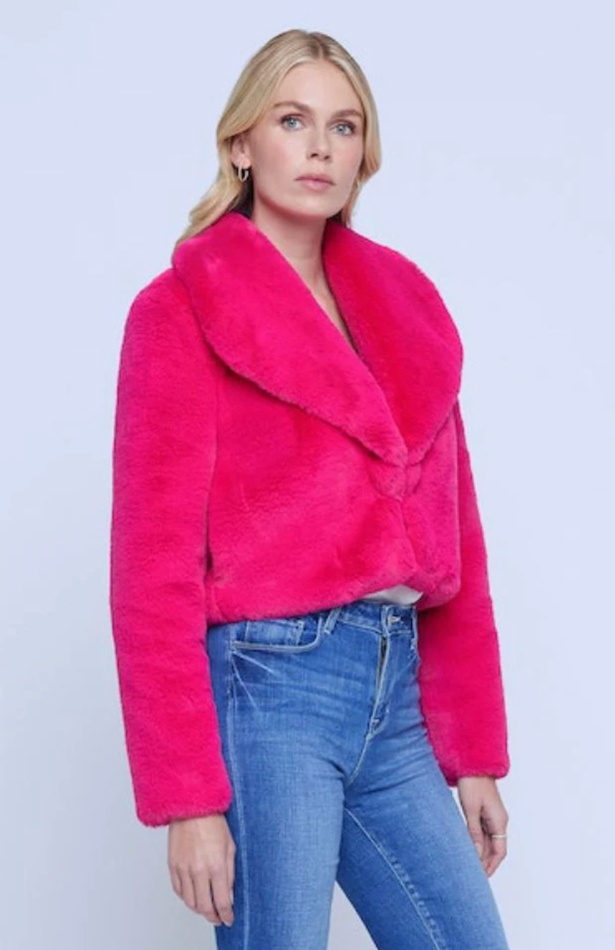 L'Agence Davy Crop Faux Fur Coat Fuchsia size 6