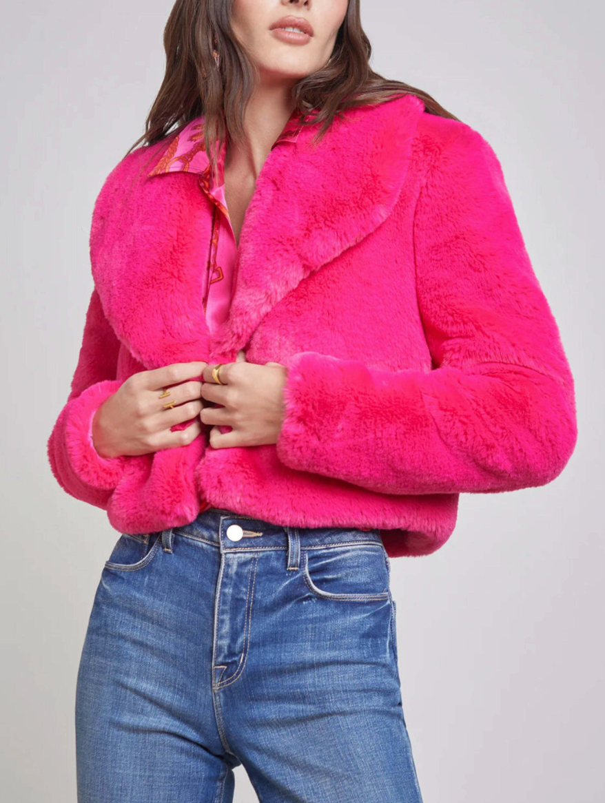 L'Agence Davy Crop Faux Fur Coat Fuchsia size 6