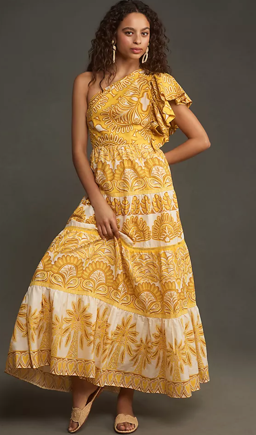 Farm Rio Yellow Tapestry Ainika One Shoulder Maxi Dress Ruffle Tiered size S