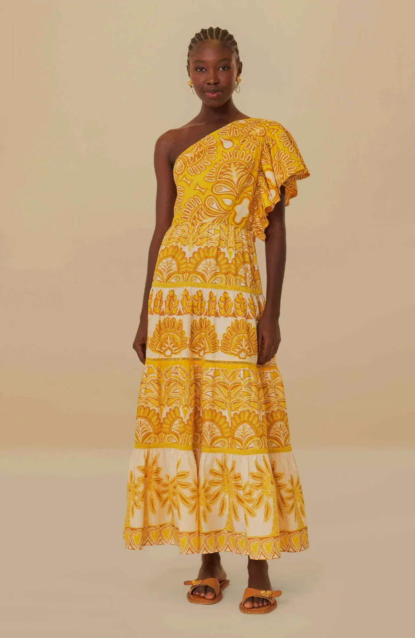 Farm Rio Yellow Ainika Tapestry One Shoulder Maxi Dress size XS