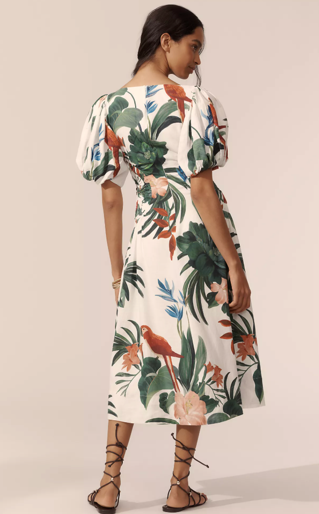 Farm Rio Midnight Macaw Fiesta Linen Blend Puff-Sleeve Midi Dress size M