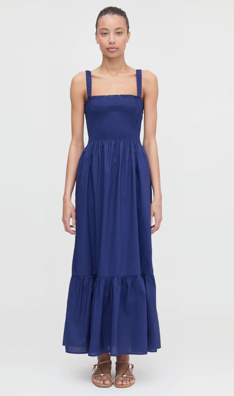 Hill House Anjuli Smocked Maxi Dress Navy Cotton size XXS