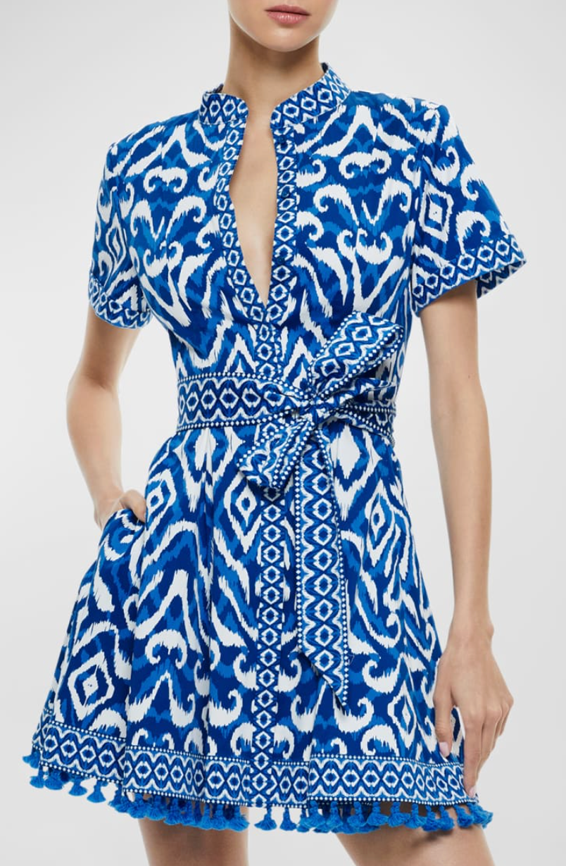 Alice and Olivia Lucy Mini Shirt Dress in Artisan Ikat French Blue size 4