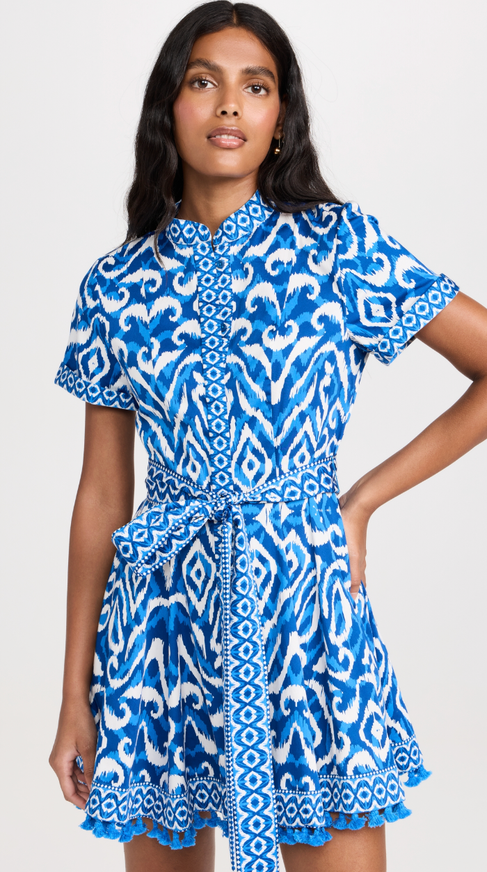 Alice and Olivia Lucy Mini Shirt Dress in Artisan Ikat French Blue size 4