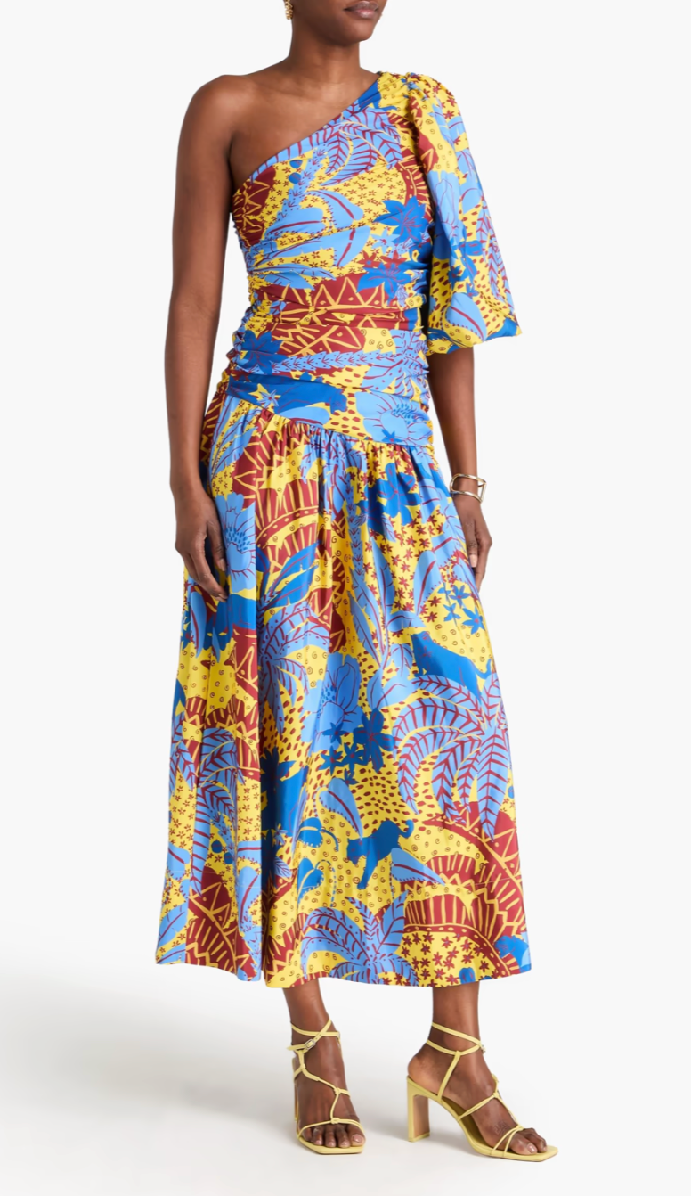 Farm Rio Yellow Jungle Panther Midi Dress One Shoulder size S