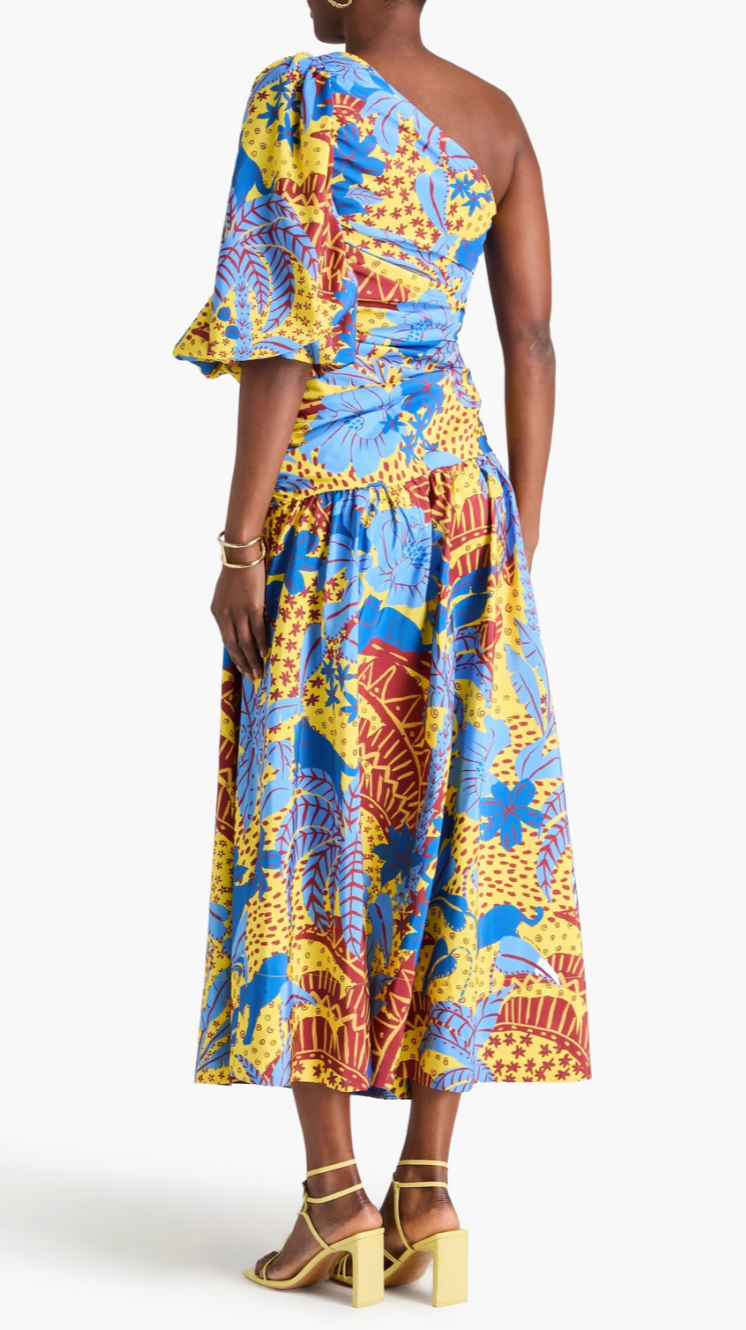 Farm Rio Yellow Jungle Panther Midi Dress One Shoulder size S