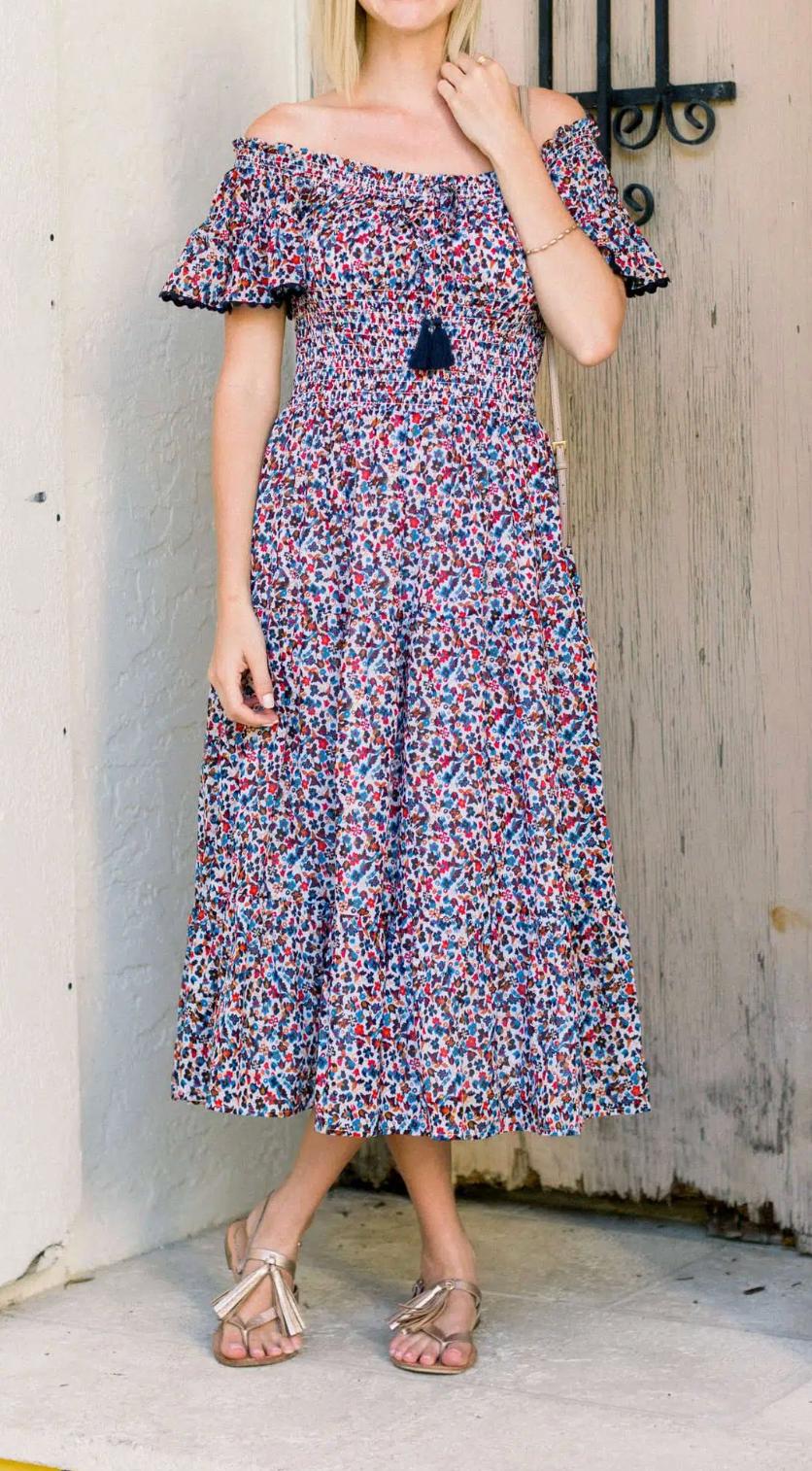 Tory Burch Wild Flower Smocked Midi Dress size S