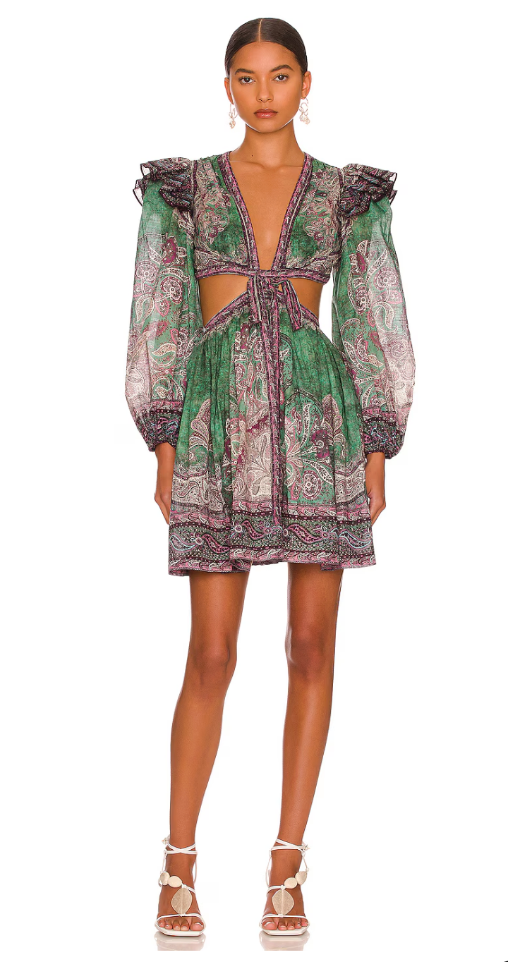 Zimmermann Anneke Ruffle Mini Dress Teal Paisley size 2 US 8