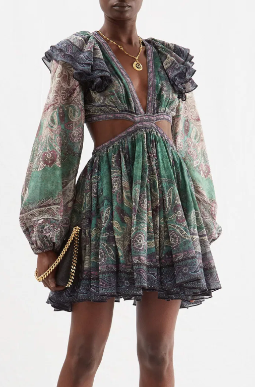 Zimmermann Anneke Ruffle Mini Dress Teal Paisley size 2 US 8