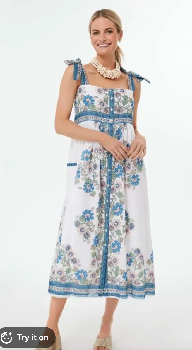 Juliet Dunn Tie Shoulder Midi Dress in Rose Border/White Klein size 1 US 4/6