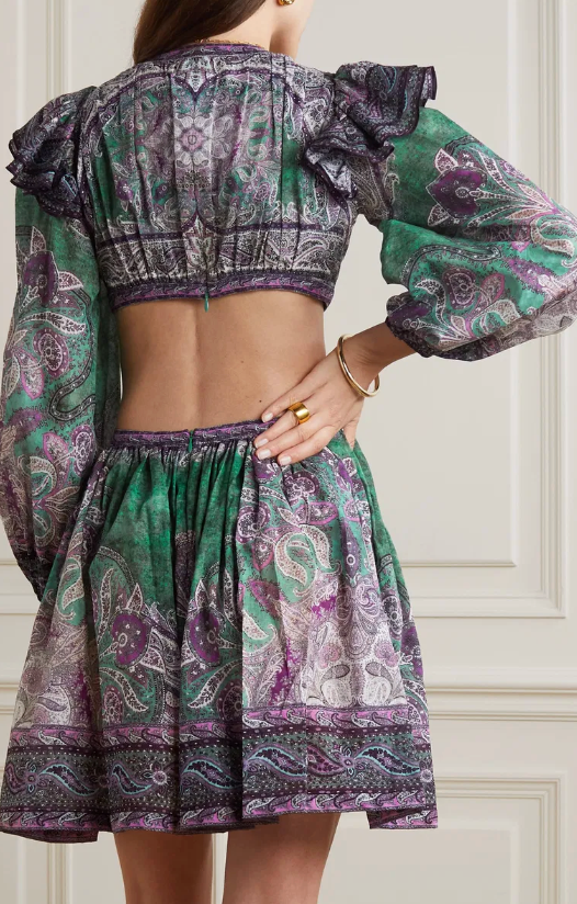 Zimmermann Anneke Ruffle Mini Dress Teal Paisley size 0 US 4