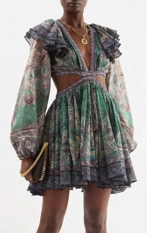 Zimmermann Anneke Ruffle Mini Dress Teal Paisley size 0 US 4