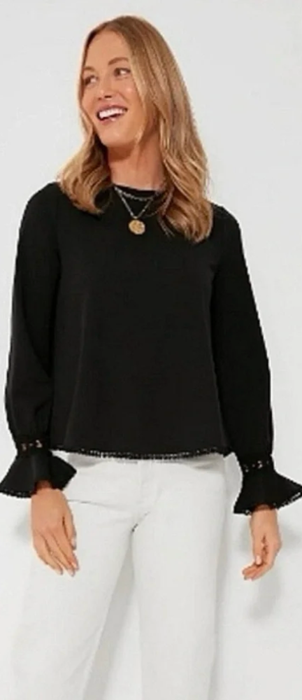 Pomander Place Black Palmer Blouse Bell Sleeve with Lace Trim size S