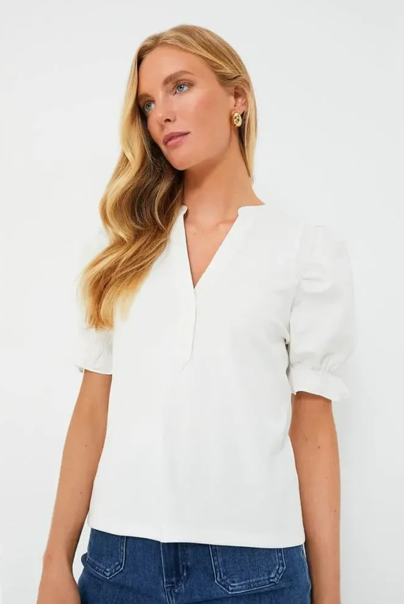 Pomander Place White Livia Puff Sleeve V Neck Top size S
