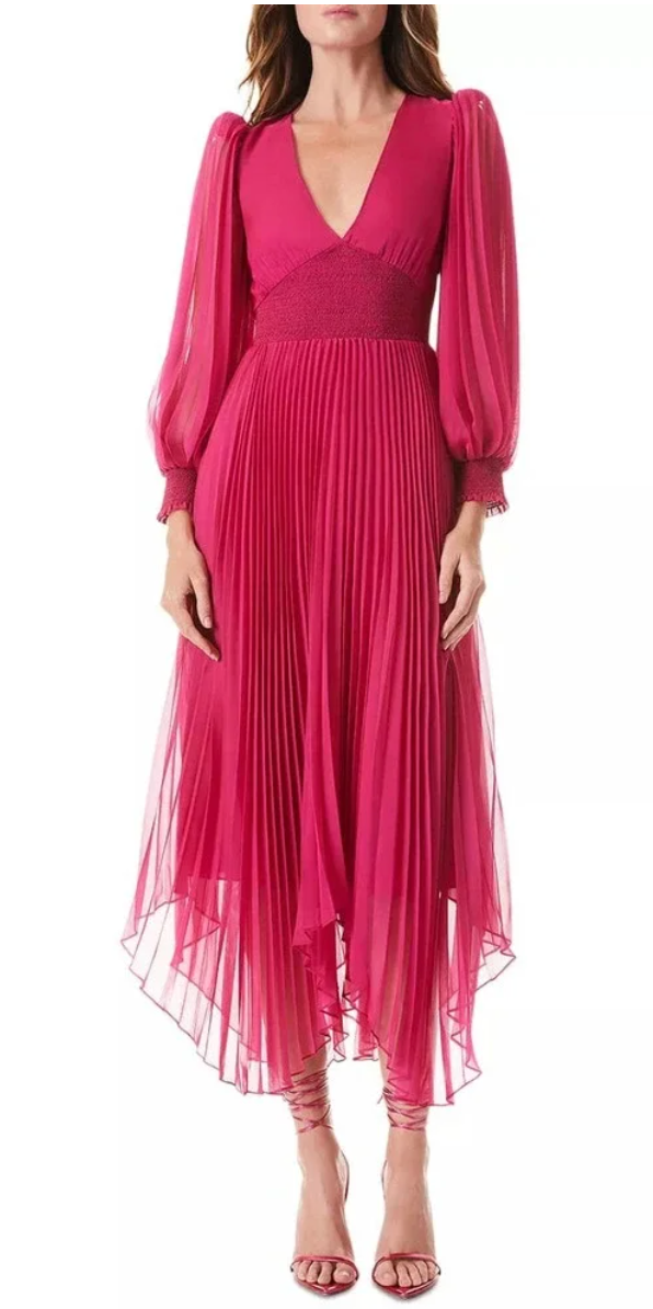 Alice and Olivia Sion Sunburst Pleated Smocked Waist Midi Dress size 6