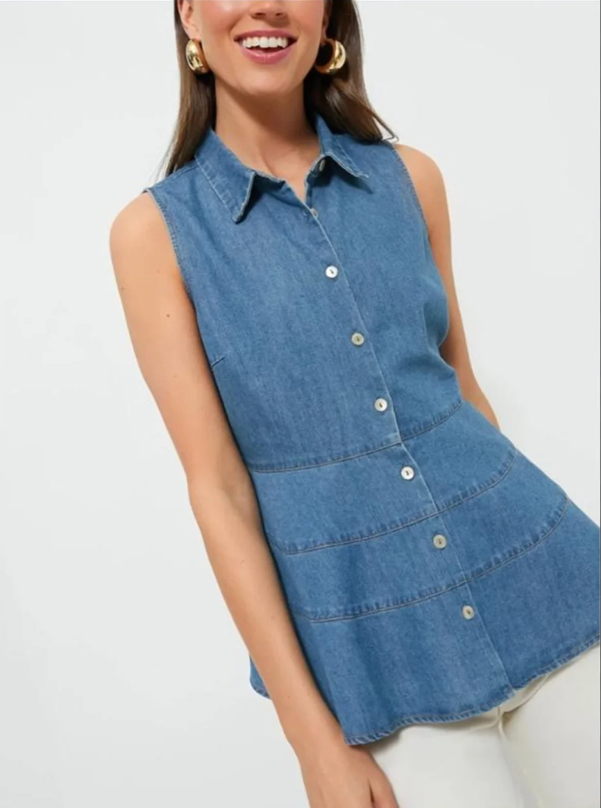 Pomander Place Ashlen Sleeveless Chambray Denim Top size S