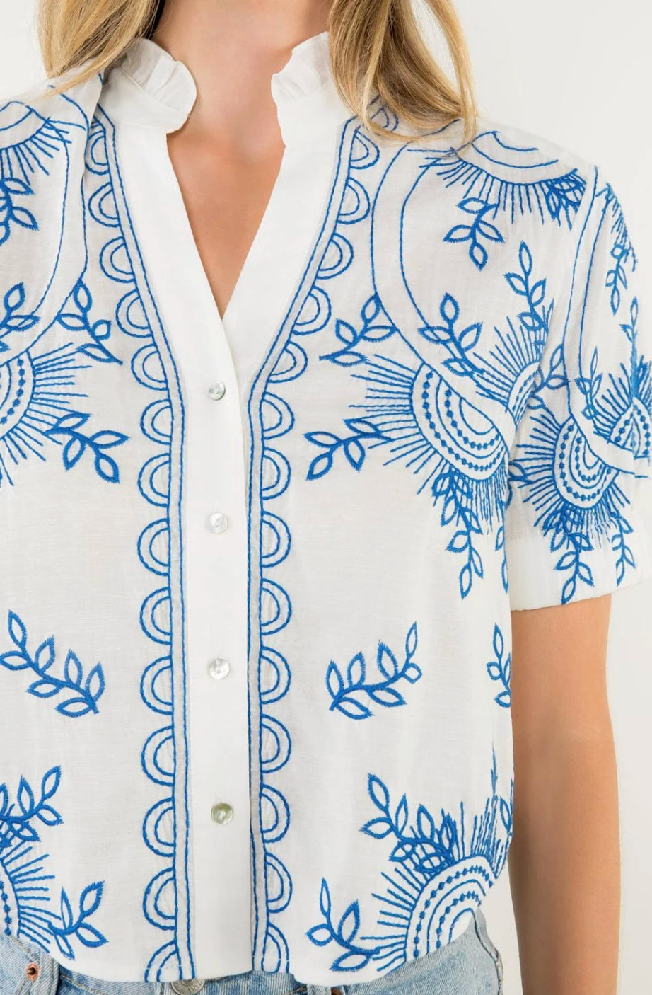 THML Luna Peasant White Blouse with Blue Floral Embroidery size L