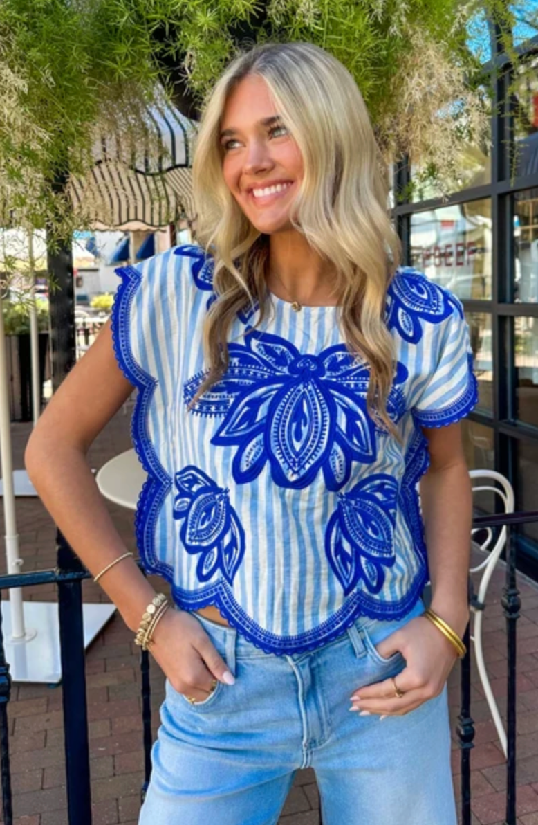 THML White Lotus Blouse with Blue Embroidery size M