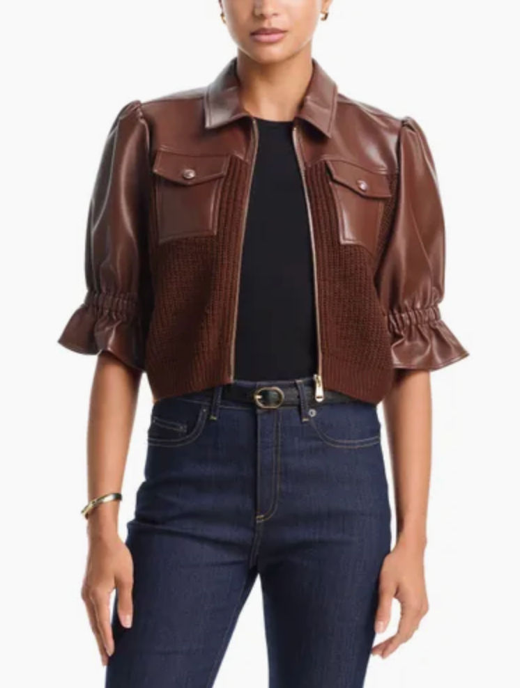 Cinq a Sept Holly Mixed Media Jacket Brown Chocolate Leather size XXS