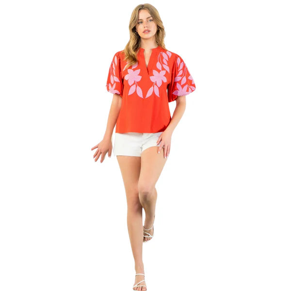 THML Red and Pink Embroidered Poplin Top size S