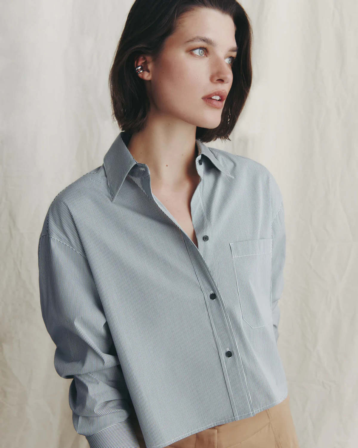 TWP Little Big Joe Stripe Cotton Crop Button-Up Shirt size M/L