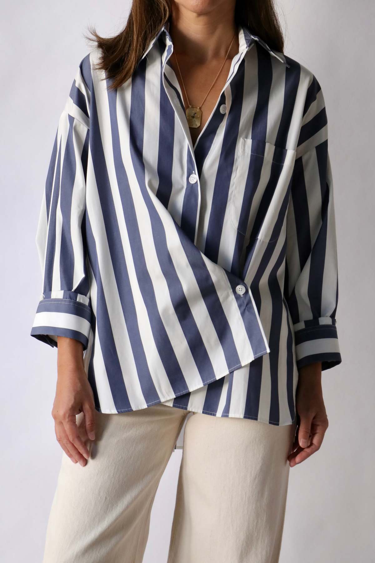 TWP New Earl Shirt in Wider Stark Stripe Indigo size XS/S