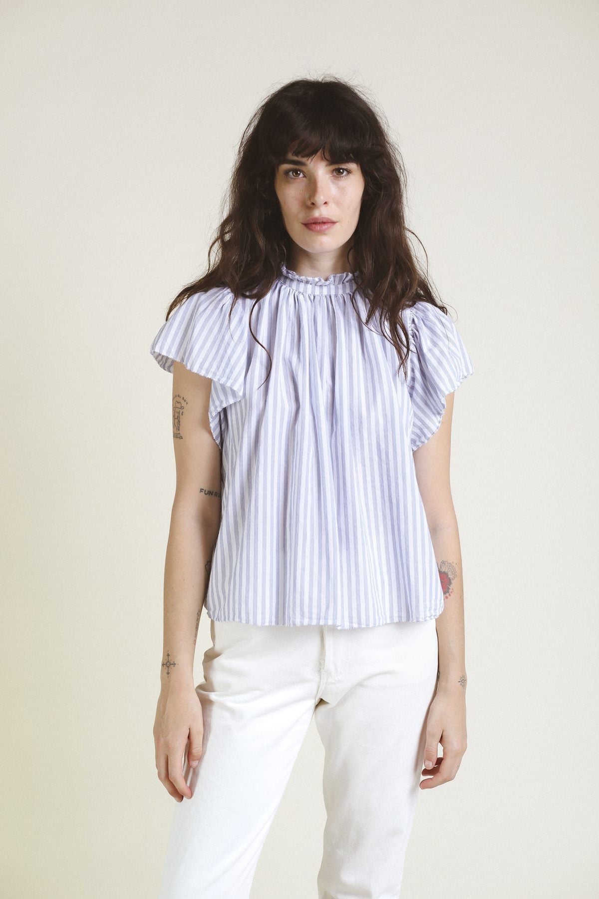 Trovata Carla High Neck Shirt White Blue Stripe size M