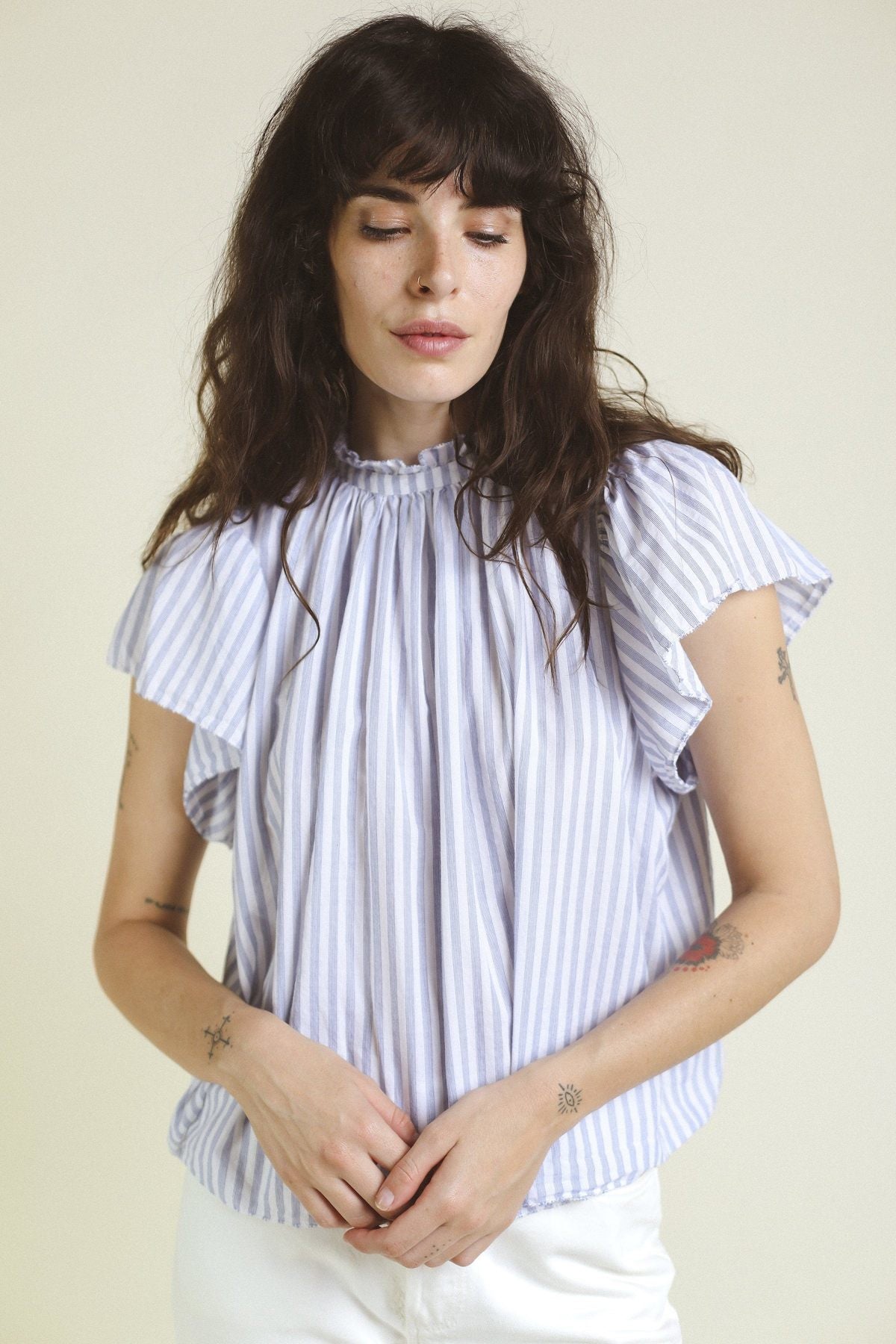 Trovata Carla High Neck Shirt White Blue Stripe size M