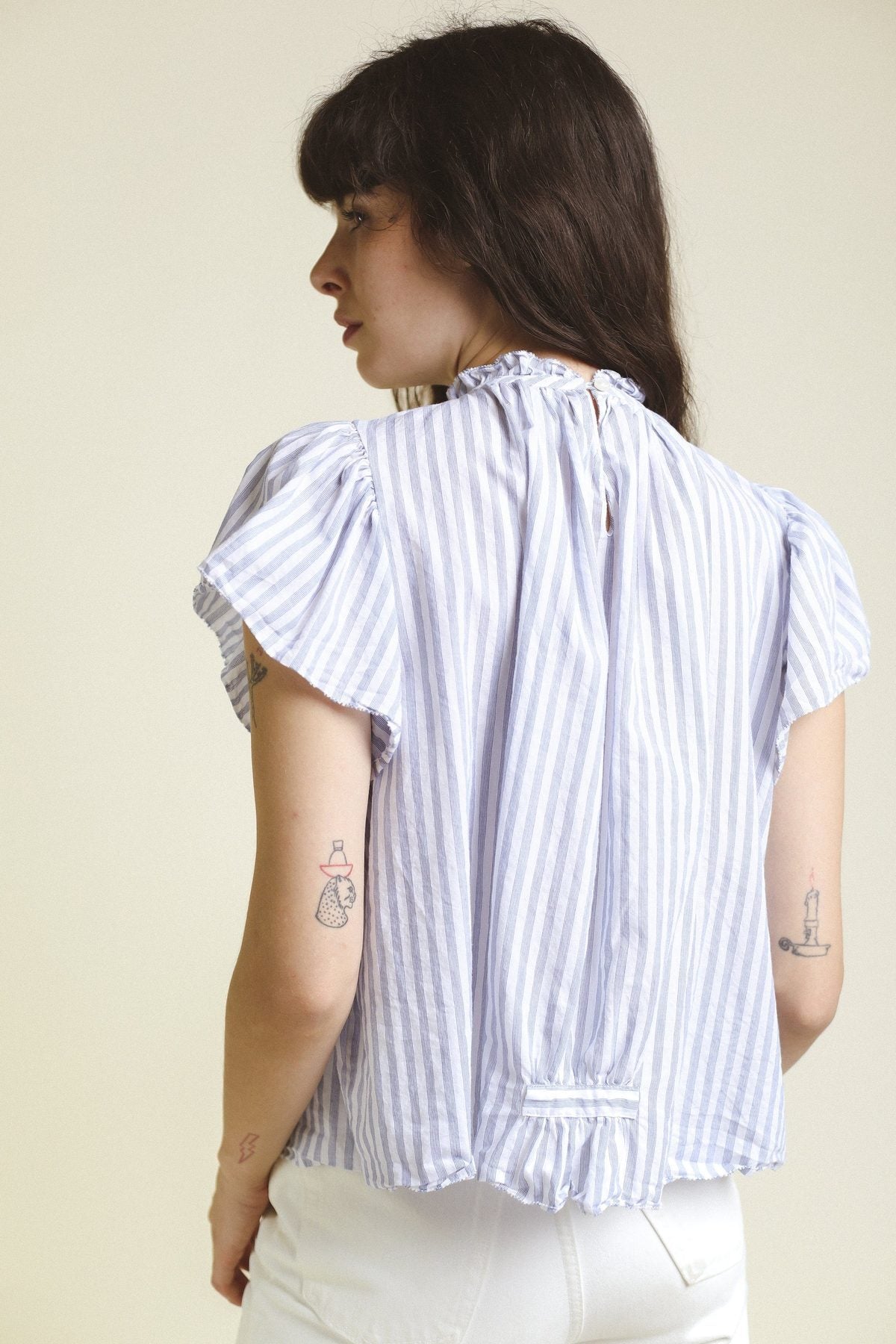 Trovata Carla High Neck Shirt White Blue Stripe size M