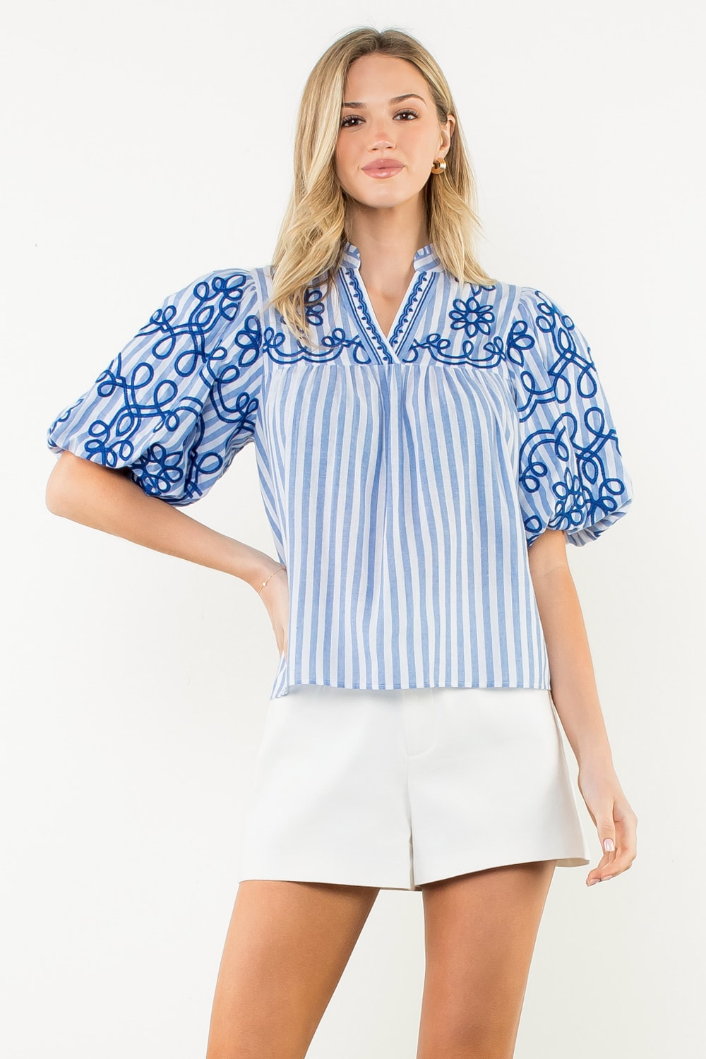THML Blue Puff Sleeve Striped Embroidered Top size L