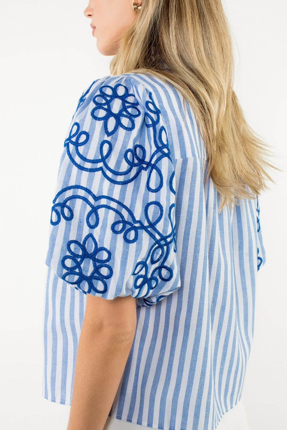 THML Blue Puff Sleeve Striped Embroidered Top size L