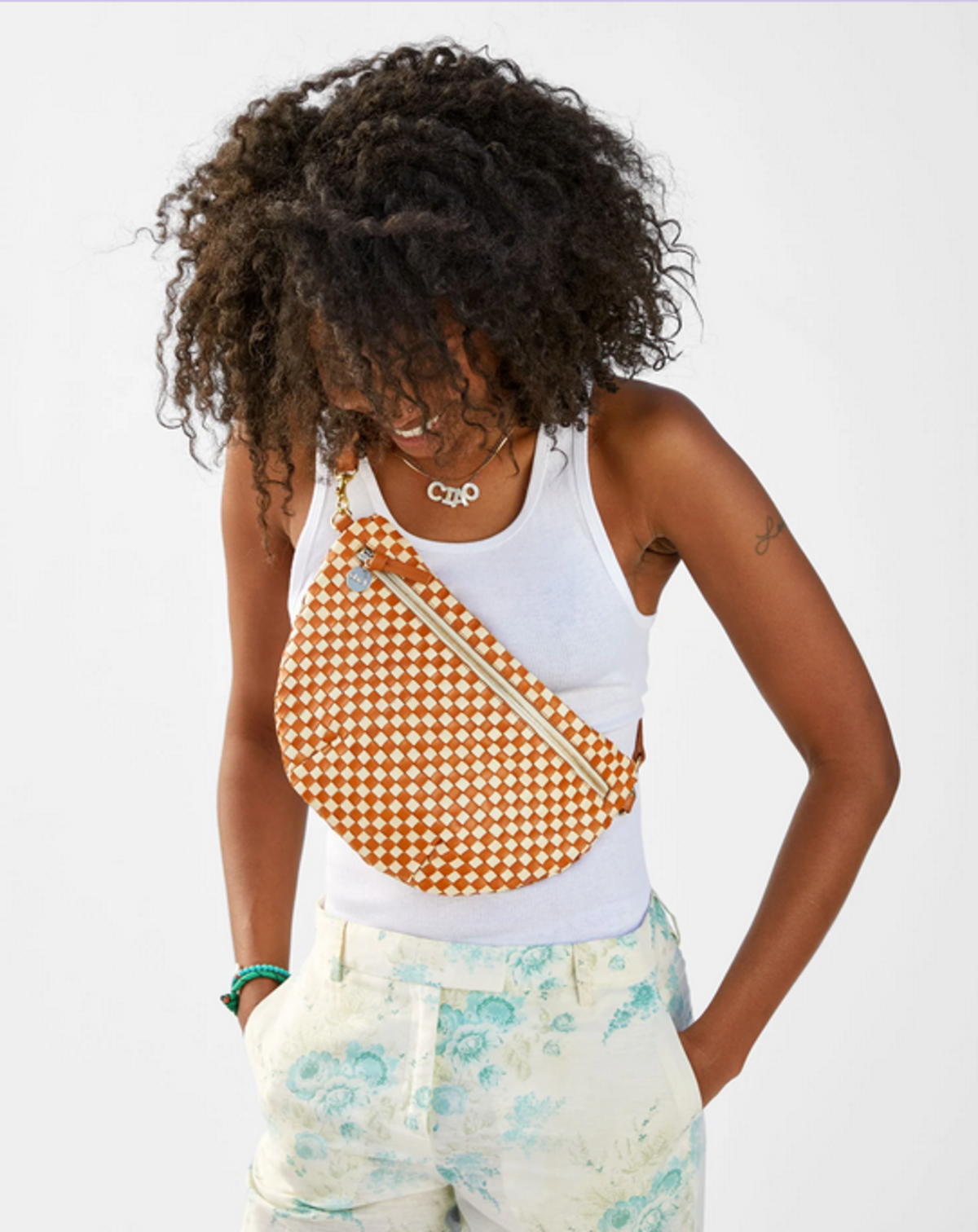 Clare V. Woven Checker Grande Fanny Pack Bag in Brown and Cream