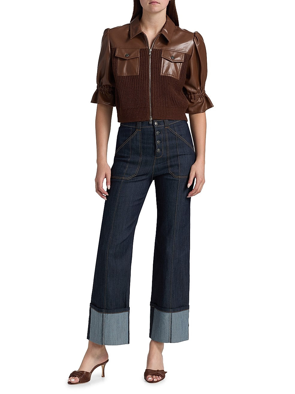 Cinq a Sept Holly Mixed Media Jacket Brown Chocolate Leather size XXS