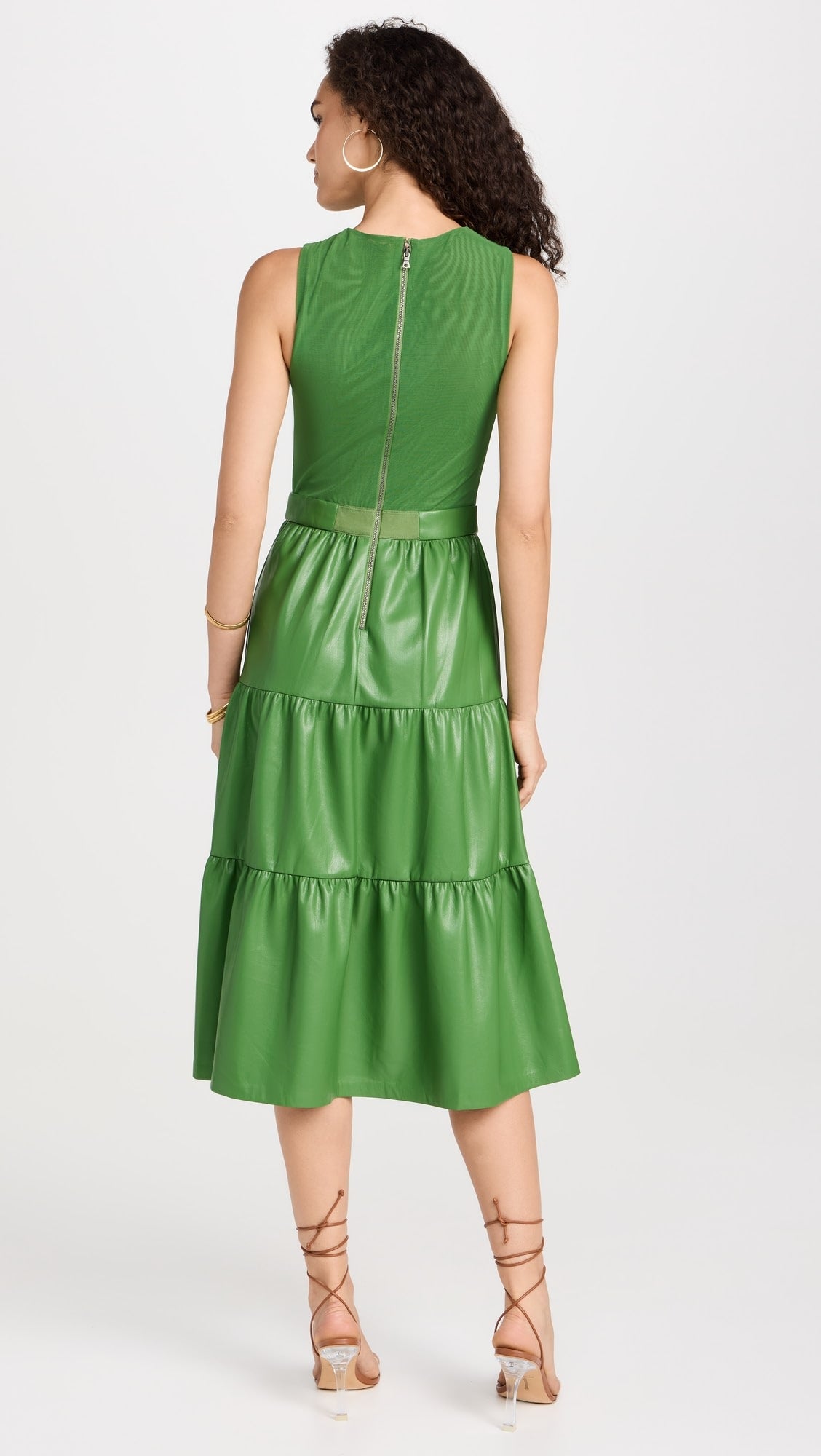 Alice and Olivia Conley Vegan Leather Tiered Midi Dress in Green size 6