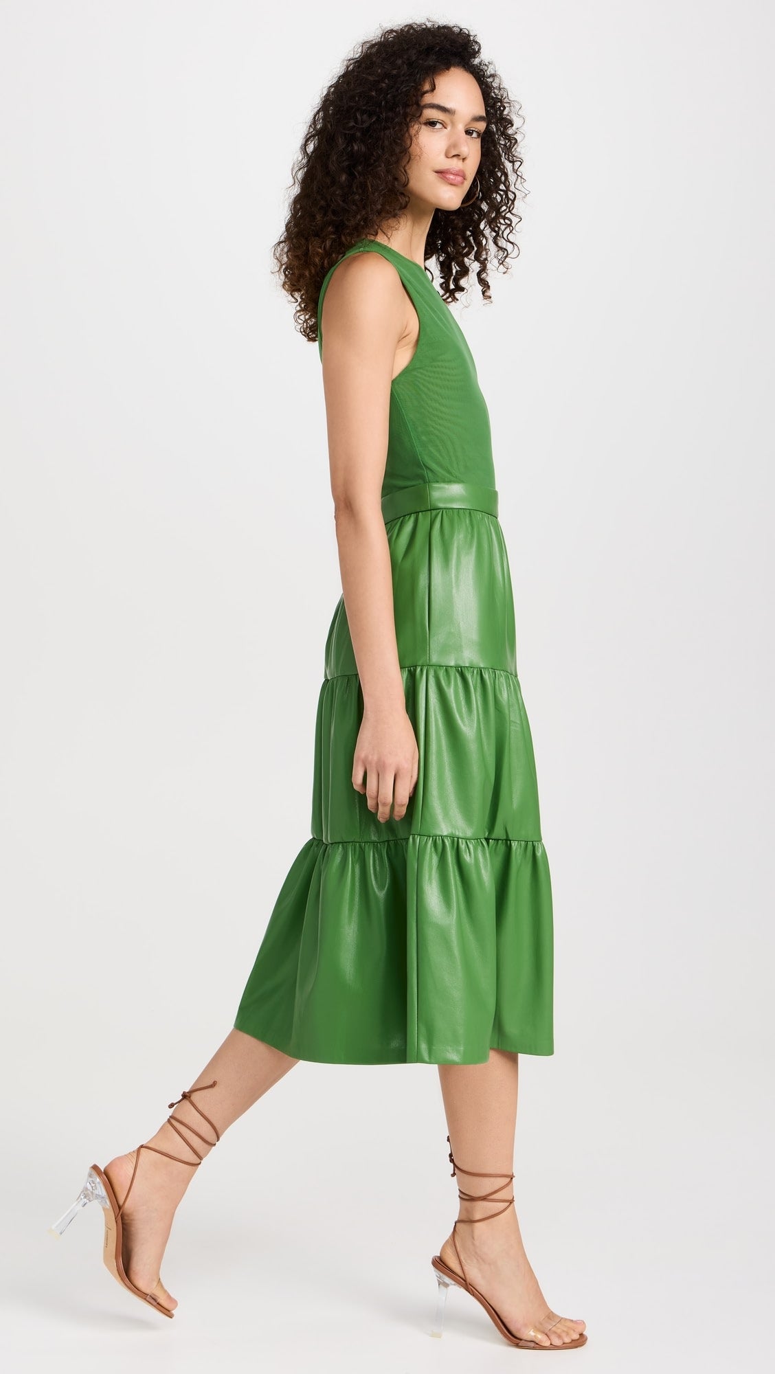 Alice and Olivia Conley Vegan Leather Tiered Midi Dress in Green size 6