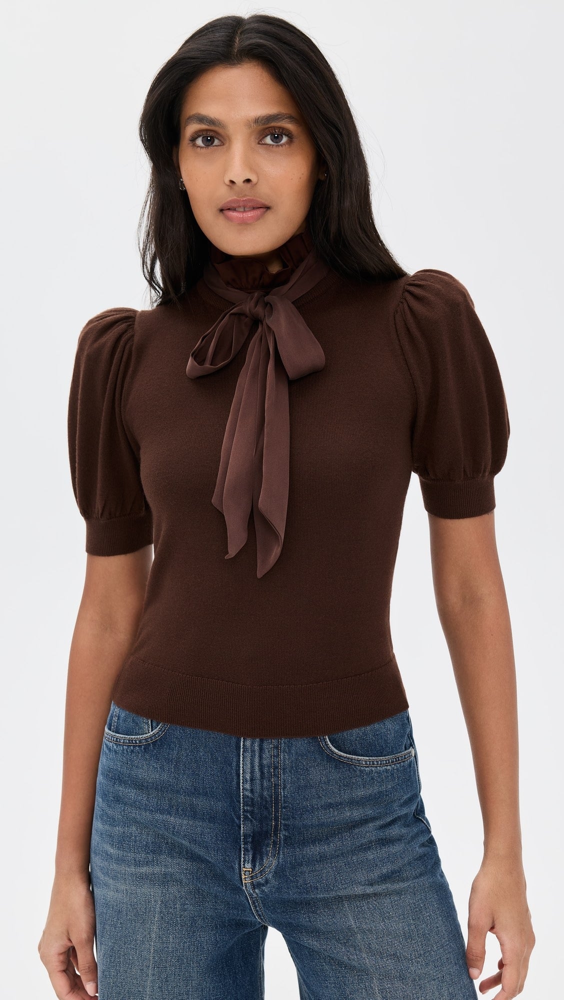 Alice and Olivia Chase Puff Sleeve Ruffle Neck Sweater size XS