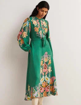 Boden Green paisley Blouson Sleeve Midi Dress size 14