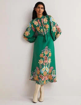 Boden Green paisley Blouson Sleeve Midi Dress size 14