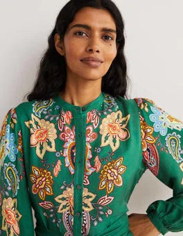 Boden Green paisley Blouson Sleeve Midi Dress size 14