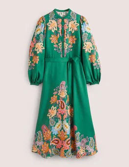 Boden Green paisley Blouson Sleeve Midi Dress size 14